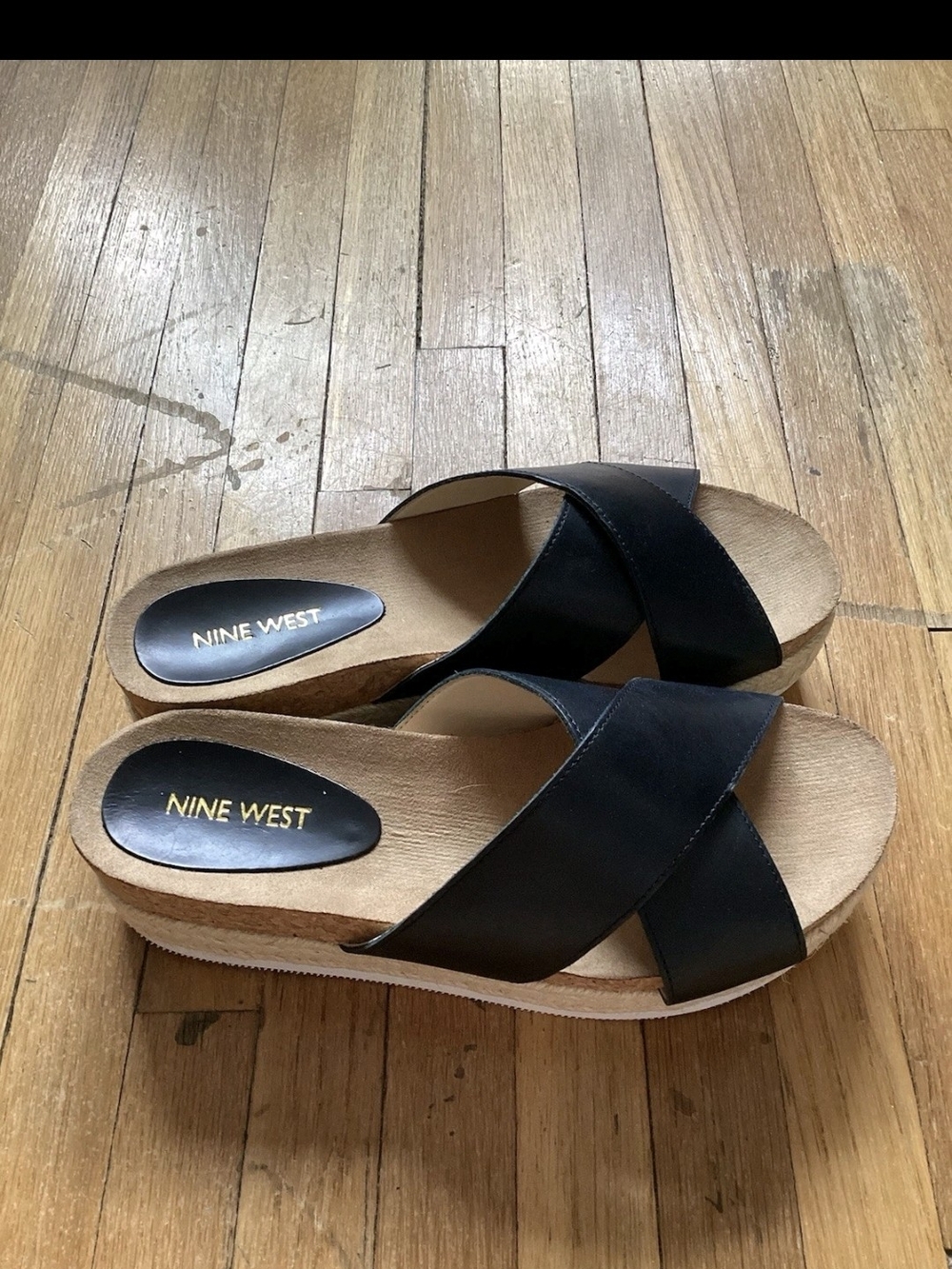 Nine West Black Crossband Platform Slide Sandals